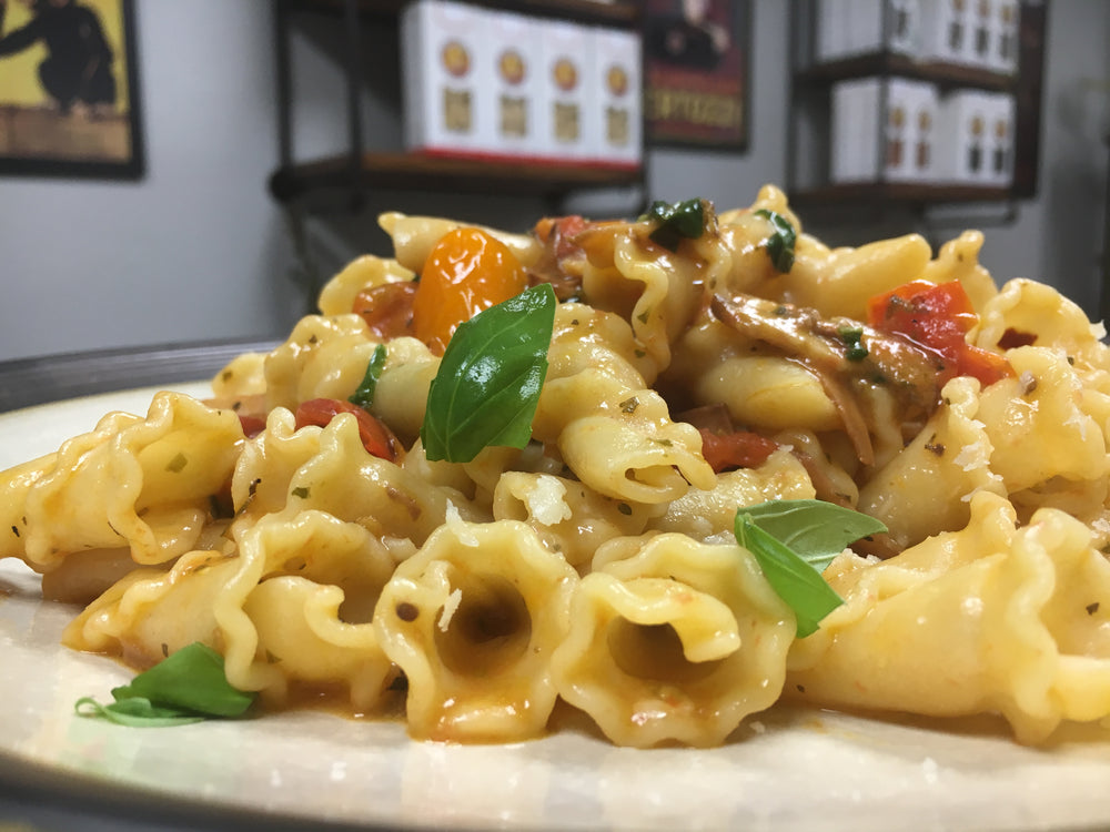 Campanelle with Toasted Garlic, Cherry Tomatoes and Basil